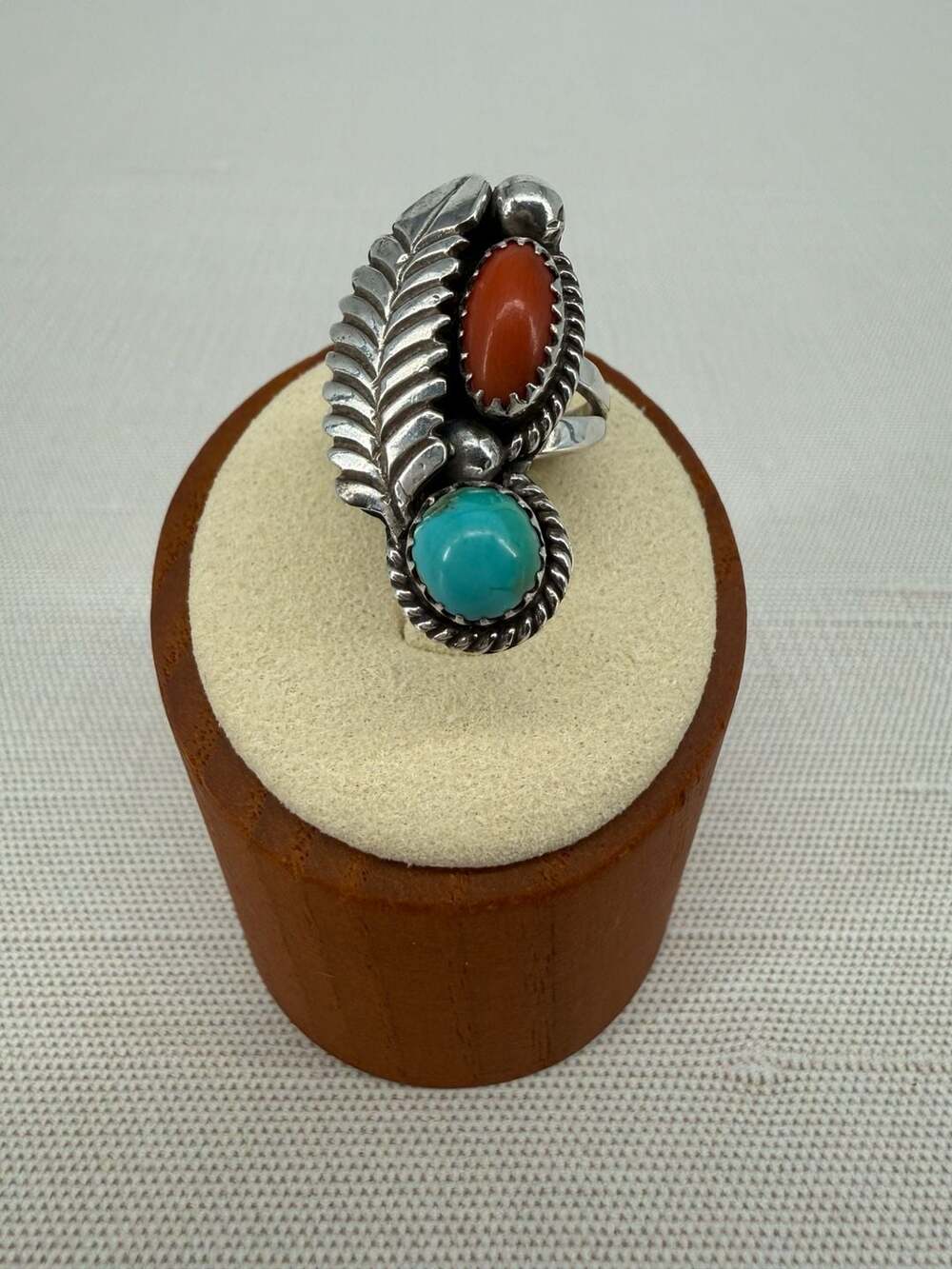 J.M. Haley Navajo Turquoise Coral Ring Size 6 Sterling Silver Leaf